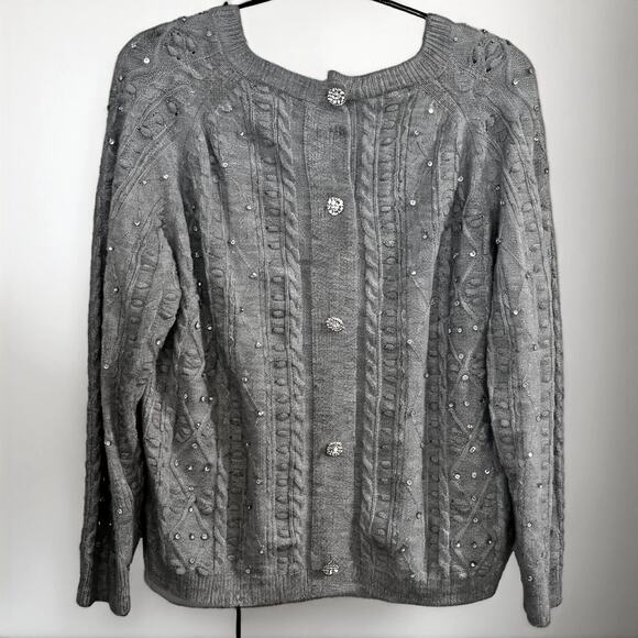 Another Love Carlotta Cable Knit Rhinestone Glam Button-Back Grey XL Dark Gray - Picture 2 of 10
